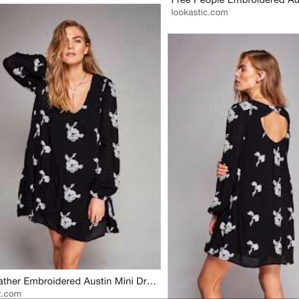 Free People Summer XS Long Sleeve Mini Black Dress White Summer dress Like new